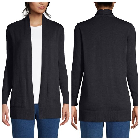 Lands' End Long Sleeve Open Front Cotton Knit Cardigan Pockets Black Size L - Picture 1 of 13